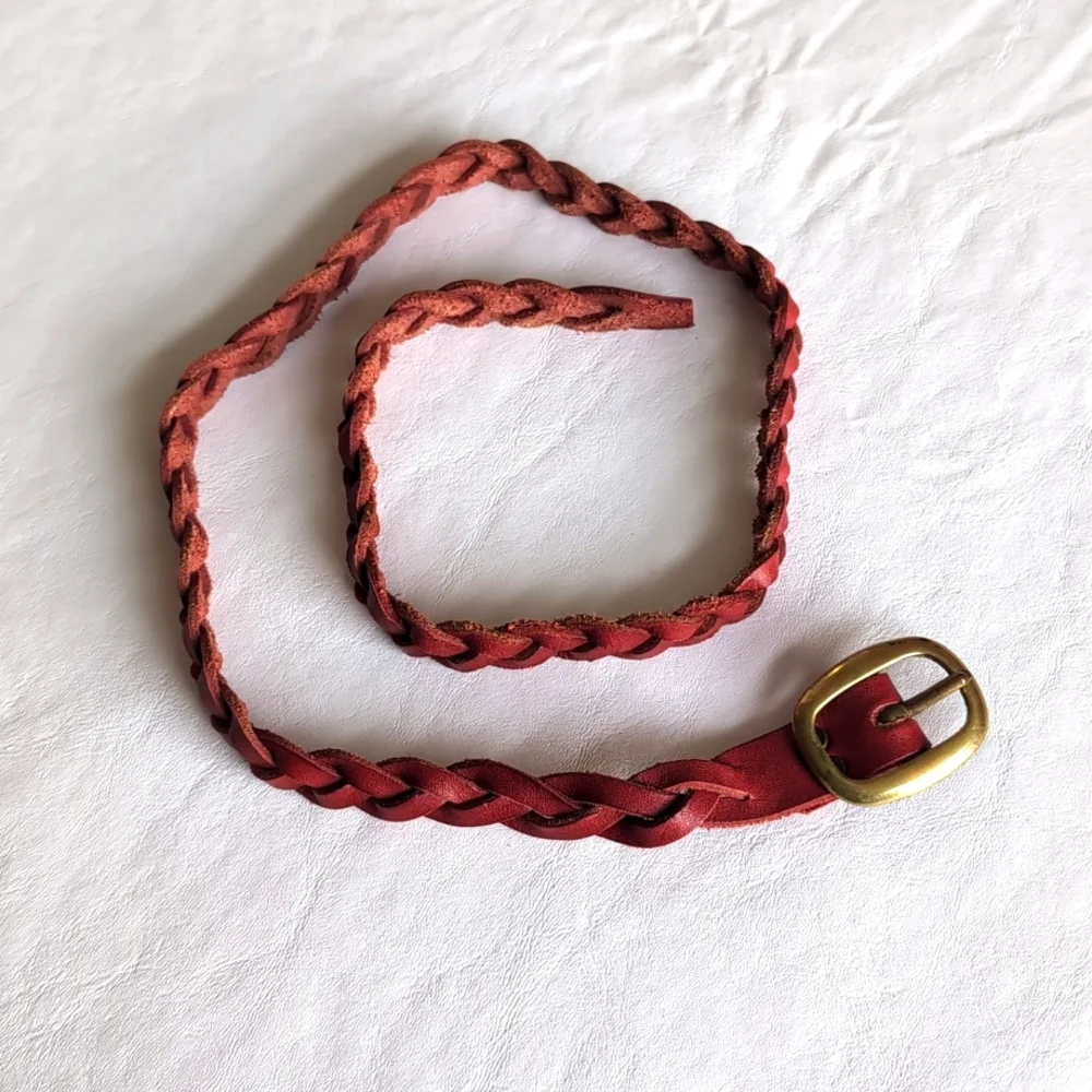 Belt Braided Red Leather with Brass Buckle Small EUC
